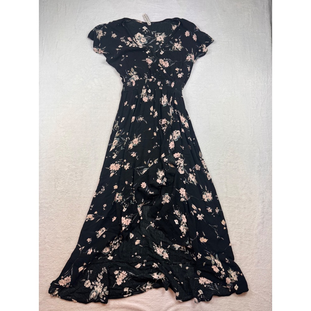 American Rag Floral High-Low Maxi Dress Black Pink Smocked Waist Size Medium